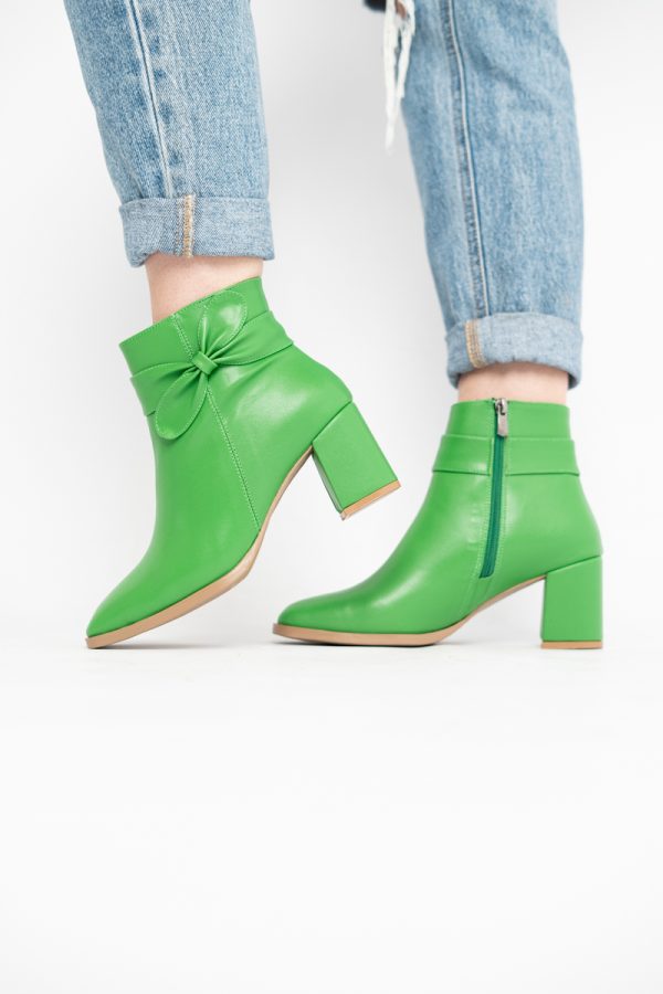Botine elegante de damă cu toc din piele ecologică cu fundiță Verde BS1092BT2411155 123