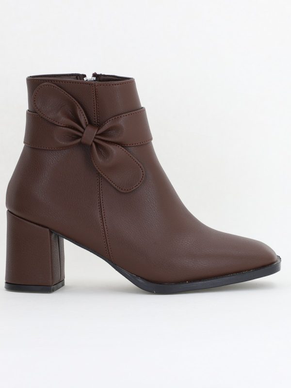 Botine elegante de damă cu toc din piele ecologică cu fundiță Cafeniu BS1092BT2411152 122