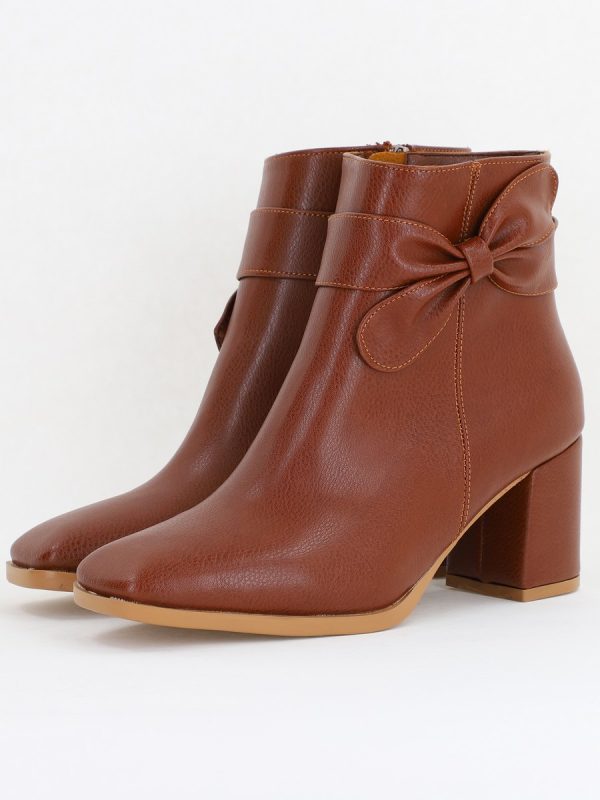 Botine elegante de damă cu toc din piele ecologică cu fundiță Maro BS1092BT2411153 120