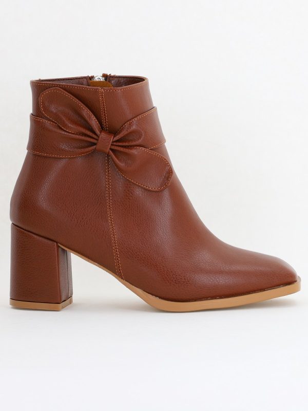 Botine elegante de damă cu toc din piele ecologică cu fundiță Maro BS1092BT2411153 122