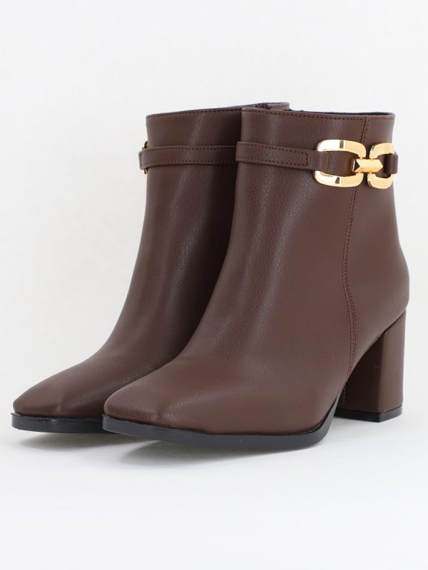Botine elegante de damă cu toc din piele ecologică cu lanț Cafeniu BS1064AY2411145 120