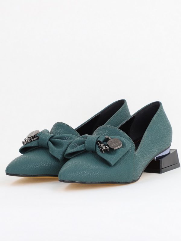 Pantofi cu Toc Jos Eleganti cu Fundita din Piele Ecologică Verde Petrol BS167BA2411169 120