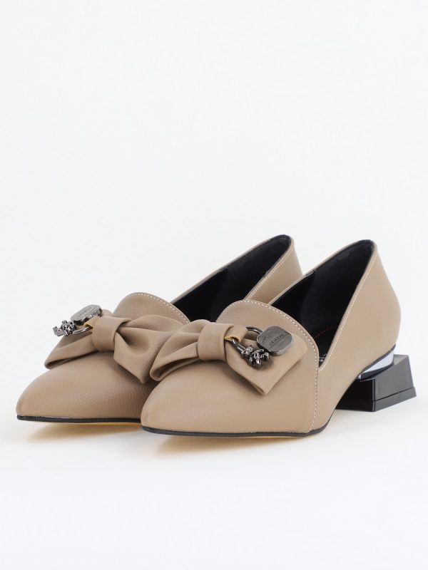 Pantofi cu Toc Jos Eleganti cu Fundita din Piele Ecologică Taupe BS167BA2411171 120