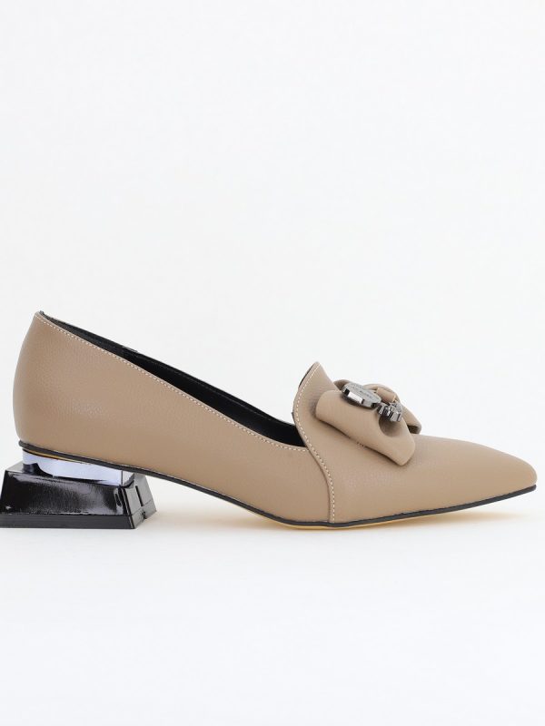 Pantofi cu Toc Jos Eleganti cu Fundita din Piele Ecologică Taupe BS167BA2411171 122