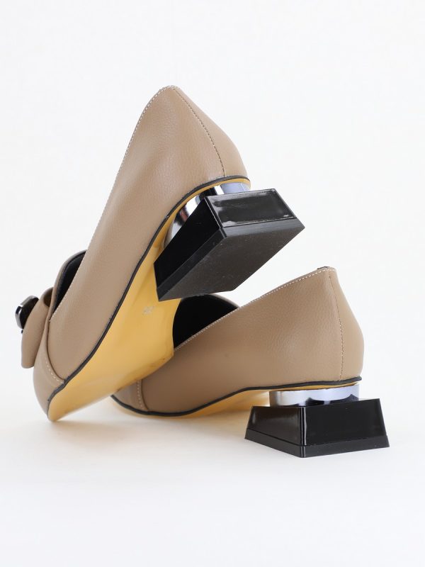 Pantofi cu Toc Jos Eleganti cu Fundita din Piele Ecologică Taupe BS167BA2411171 125