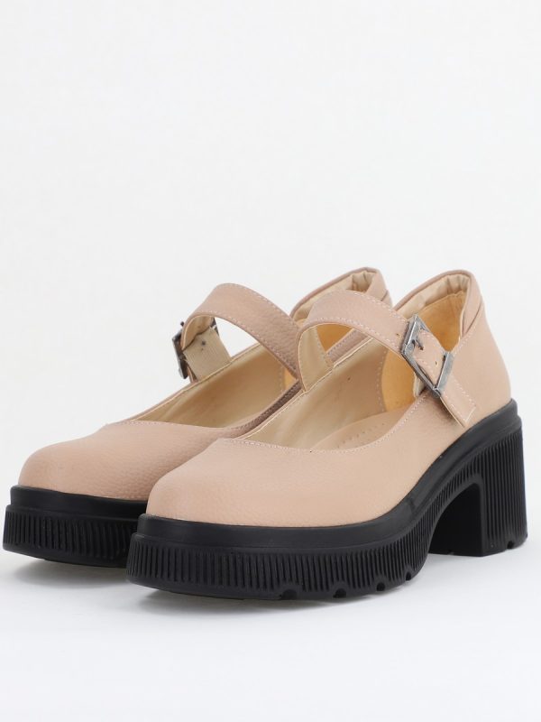 Pantofi Damă Casual cu Toc din Piele Ecologică Bej Mat BS501AY2410067 119