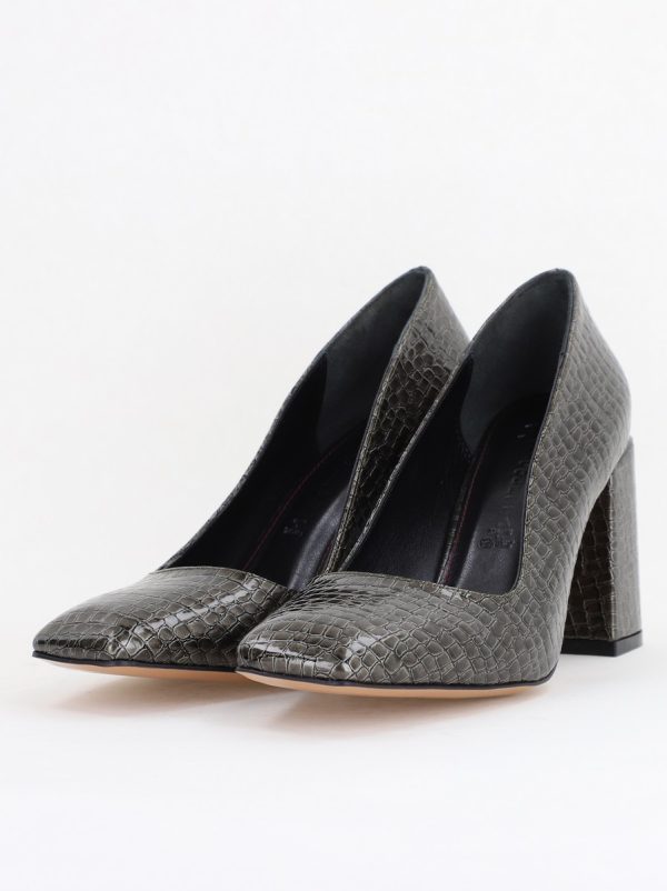 Pantofi Damă cu Toc Gros din Piele Ecologică texturată platină lucioși BS01AY2411127 119