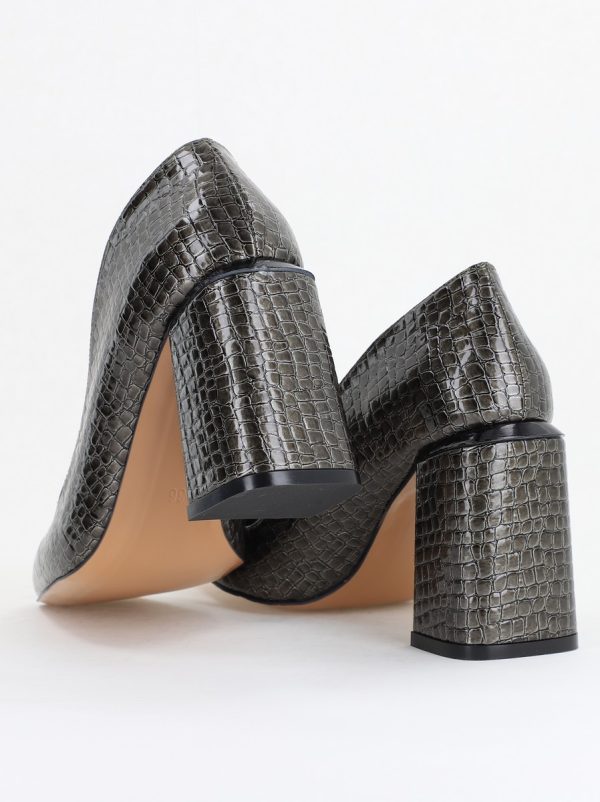 Pantofi Damă cu Toc Gros din Piele Ecologică texturată platină lucioși BS01AY2411127 122