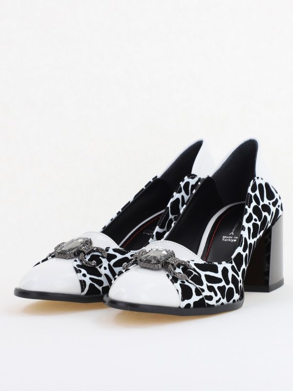 Pantofi Damă cu Toc Gros Piele Ecologică cu Pietricele culoare Alb - BS672AY2411165 119