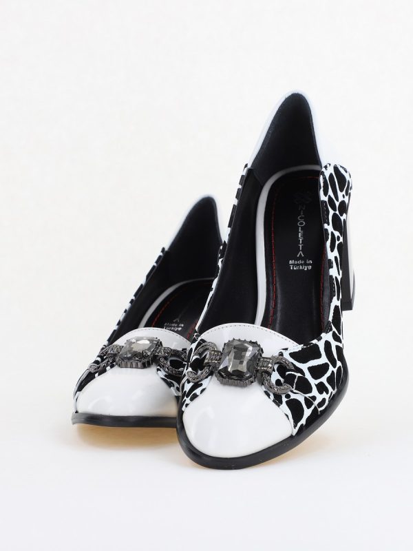 Pantofi Damă cu Toc Gros Piele Ecologică cu Pietricele culoare Alb - BS672AY2411165 120