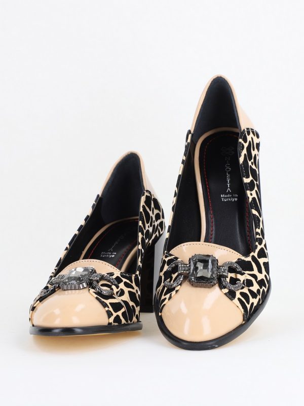 Pantofi Damă cu Toc Gros Piele Ecologică cu Pietricele culoare Bej- BS672AY2411162 120