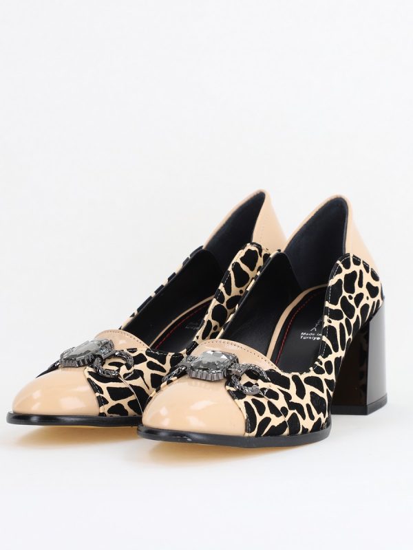 Pantofi Damă cu Toc Gros Piele Ecologică cu Pietricele culoare Bej- BS672AY2411162 119
