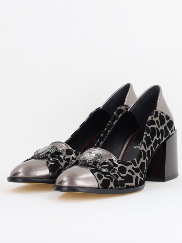 Pantofi Damă cu Toc Gros Piele Ecologică cu Pietricele culoare Platină- BS672AY2411163 119