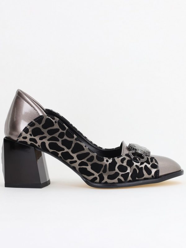 Pantofi Damă cu Toc Gros Piele Ecologică cu Pietricele culoare Platină- BS672AY2411163 120