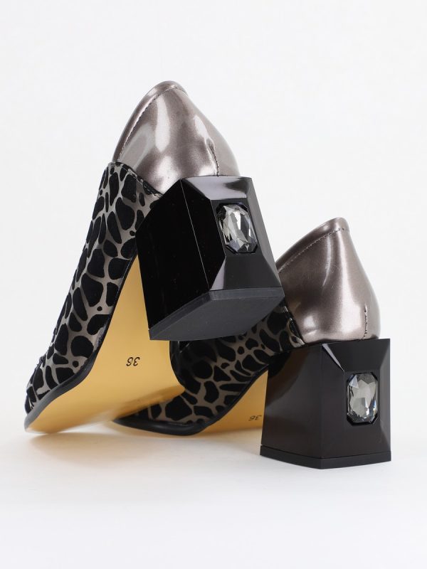 Pantofi Damă cu Toc Gros Piele Ecologică cu Pietricele culoare Platină- BS672AY2411163 122
