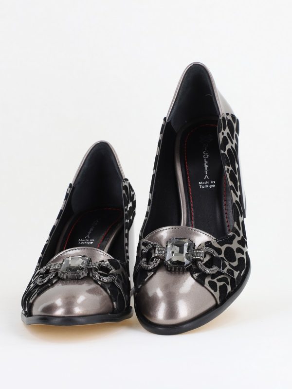 Pantofi Damă cu Toc Gros Piele Ecologică cu Pietricele culoare Platină- BS672AY2411163 123