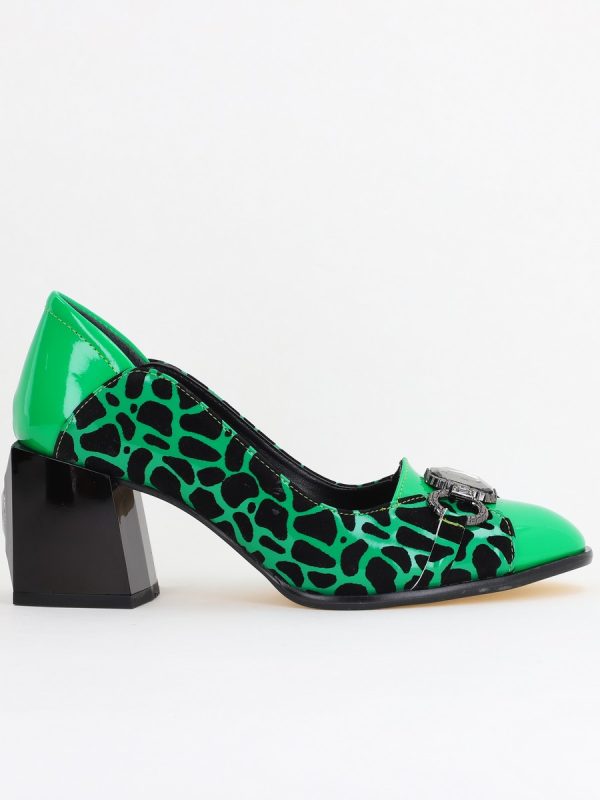 Pantofi Damă cu Toc Gros Piele Ecologică cu Pietricele culoare Verde - BS672AY2411164 122