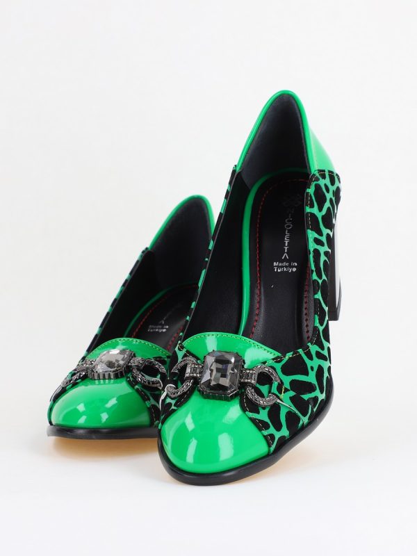 Pantofi Damă cu Toc Gros Piele Ecologică cu Pietricele culoare Verde - BS672AY2411164 120