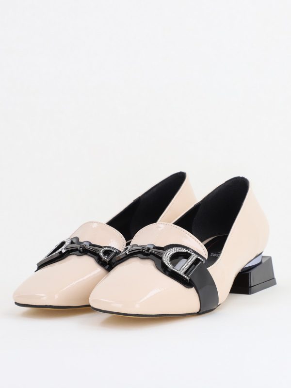 Pantofi Eleganți de Damă cu Toc Jos din Piele Ecologică Bej Decorați cu Pietricele BS190BA2411139 119