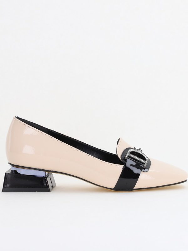 Pantofi Eleganți de Damă cu Toc Jos din Piele Ecologică Bej Decorați cu Pietricele BS190BA2411139 120