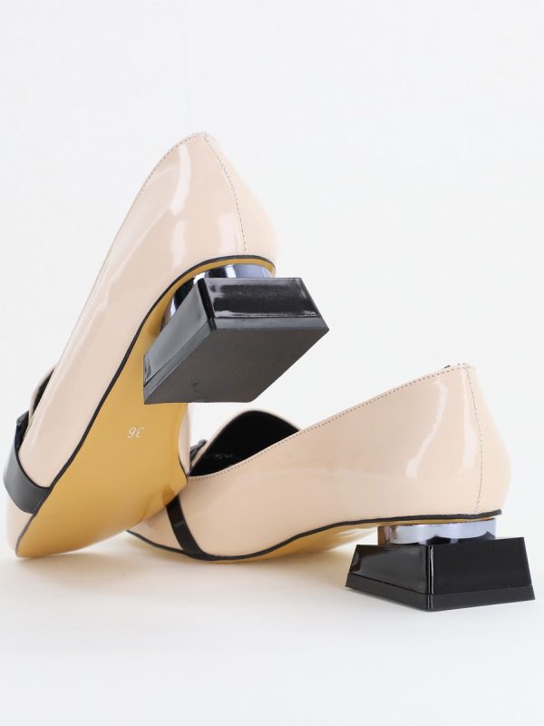 Pantofi Eleganți de Damă cu Toc Jos din Piele Ecologică Bej Decorați cu Pietricele BS190BA2411139 123