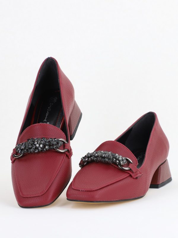 Pantofi Eleganți de Damă cu Toc Jos din Piele Ecologică Bordo Decorați cu Pietricele BS170BA2411136 119