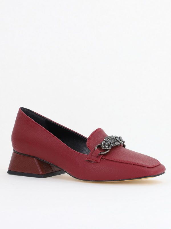 Pantofi cu Toc Dama - Pantofi Eleganți de Damă cu Toc Jos din Piele Ecologică Bordo Decorați cu Pietricele BS170BA2411136