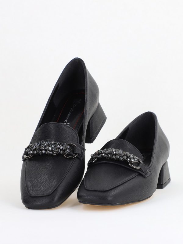 Pantofi Eleganți de Damă cu Toc Jos din Piele Ecologică Negru Decorați cu Pietricele BS170BA2411131 119