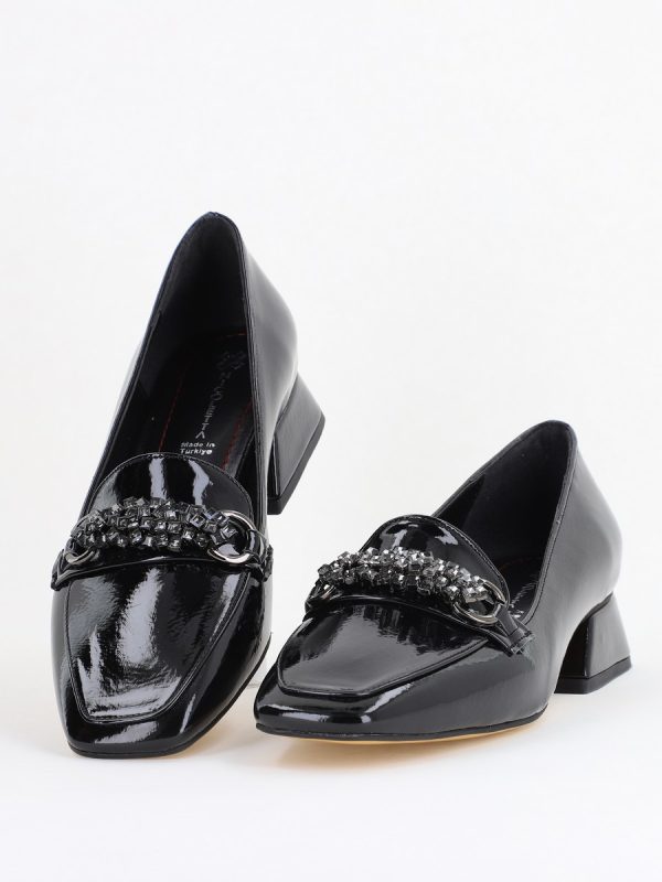 Pantofi Eleganți de Damă cu Toc Jos din Piele Ecologică Negru Lac Decorați cu Pietricele BS170BA2411134 119