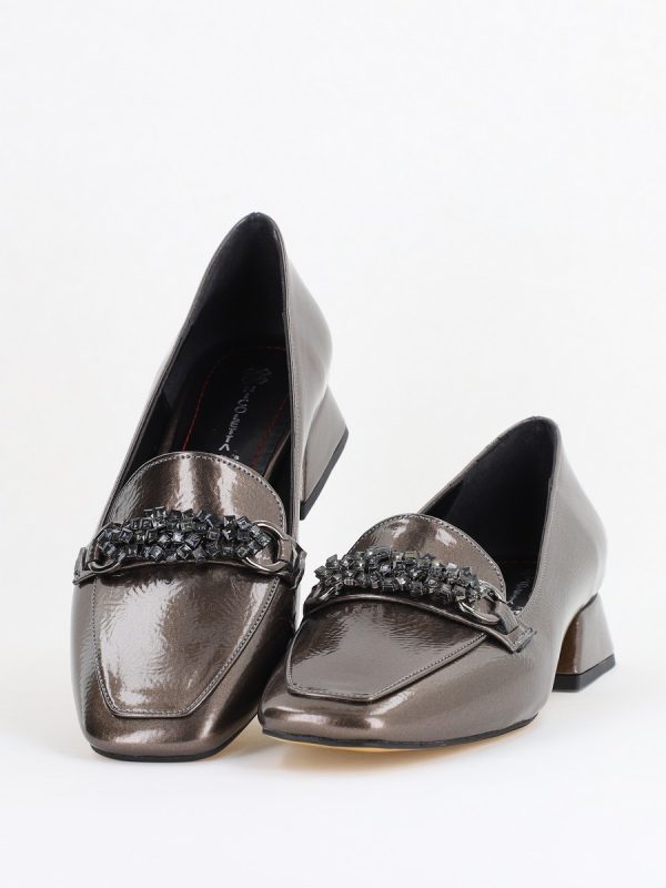 Pantofi Eleganți de Damă cu Toc Jos din Piele Ecologică Platină Decorați cu Pietricele BS170BA2411133 119