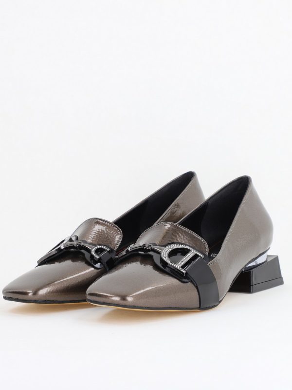 Pantofi Eleganți de Damă cu Toc Jos din Piele Ecologică Platină Decorați cu Pietricele BS190BA2411137 119