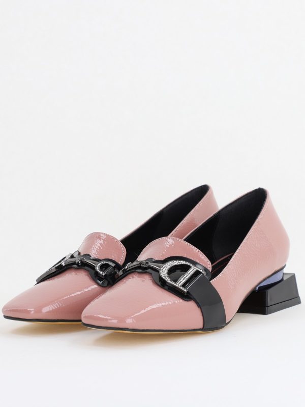 Pantofi Eleganți de Damă cu Toc Jos din Piele Ecologică Roz Decorați cu Pietricele BS190BA2411140 119
