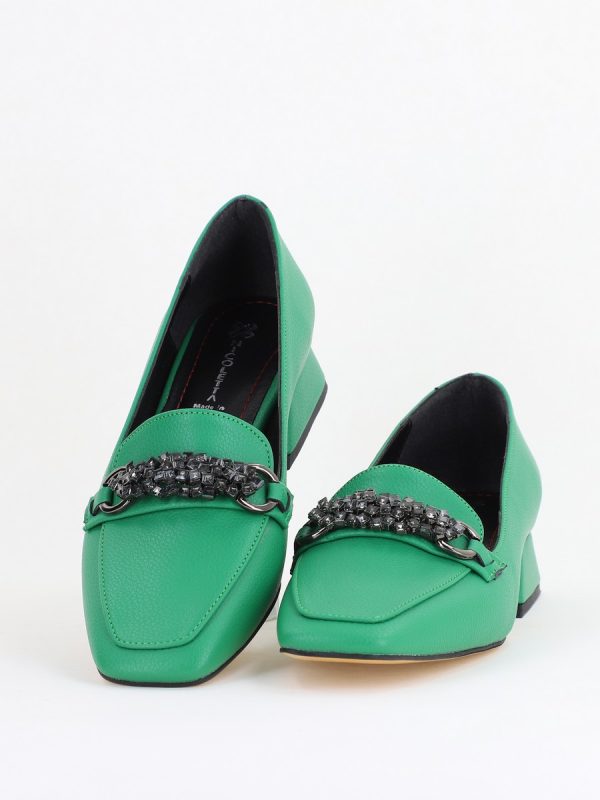 Pantofi Eleganți de Damă cu Toc Jos din Piele Ecologică Verde Decorați cu Pietricele BS170BA2411132 119