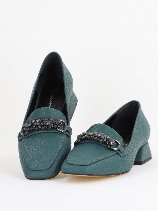Pantofi Eleganți de Damă cu Toc Jos din Piele Ecologică Verde petrol Decorați cu Pietricele BS170BA2411135 119