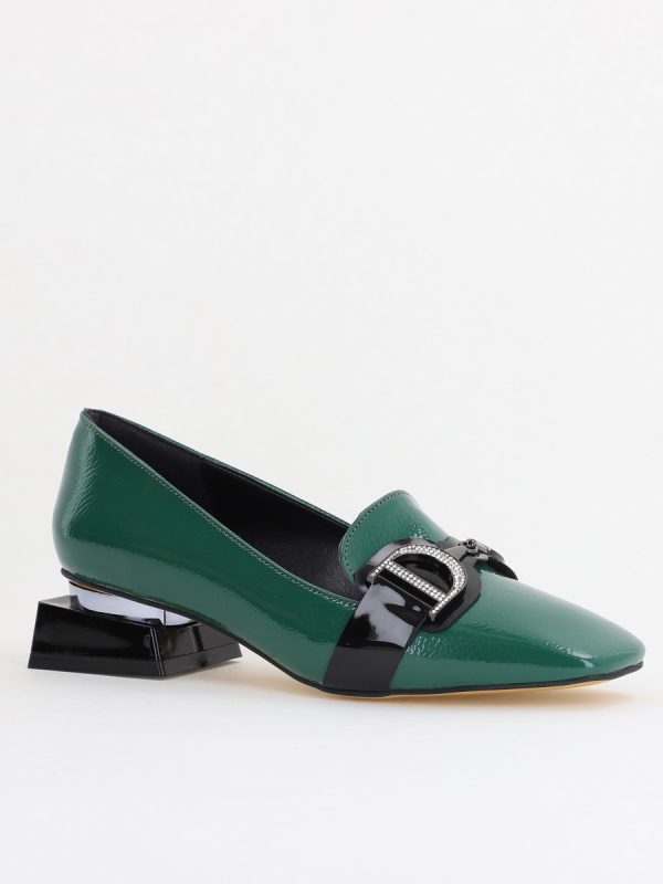 Pantofi cu Toc Dama - Pantofi Eleganți de Damă cu Toc Jos din Piele Ecologică Verzi Decorați cu Pietricele BS190BA2411141