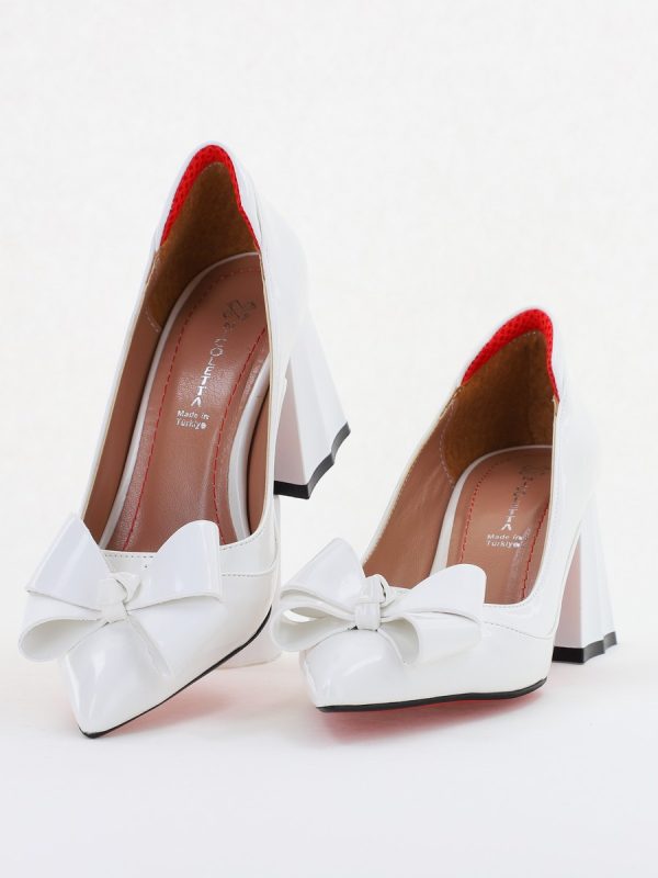 Pantofi Damă Eleganți cu Toc din Piele Ecologică cu Fundiță Alb Lac (BS7332AY2411158) 119