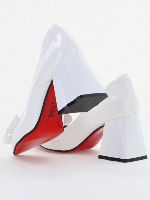 Pantofi Damă Eleganți cu Toc din Piele Ecologică cu Fundiță Alb Lac (BS7332AY2411158) 122