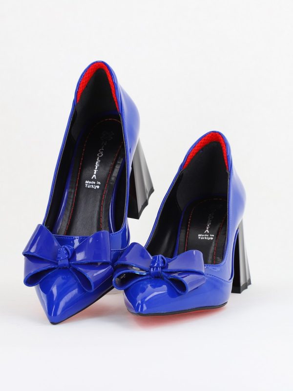 Pantofi Damă Eleganți cu Toc din Piele Ecologică cu Fundiță Albastru Lac (BS7332AY2411161) 119