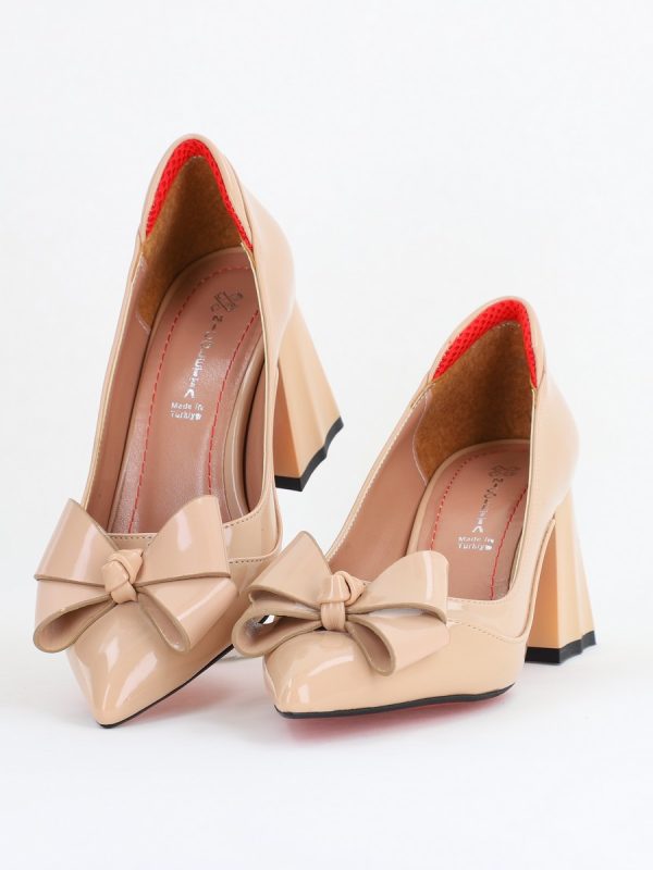 Pantofi Damă Eleganți cu Toc din Piele Ecologică cu Fundiță Bej Lac (BS7332AY2411157) 119