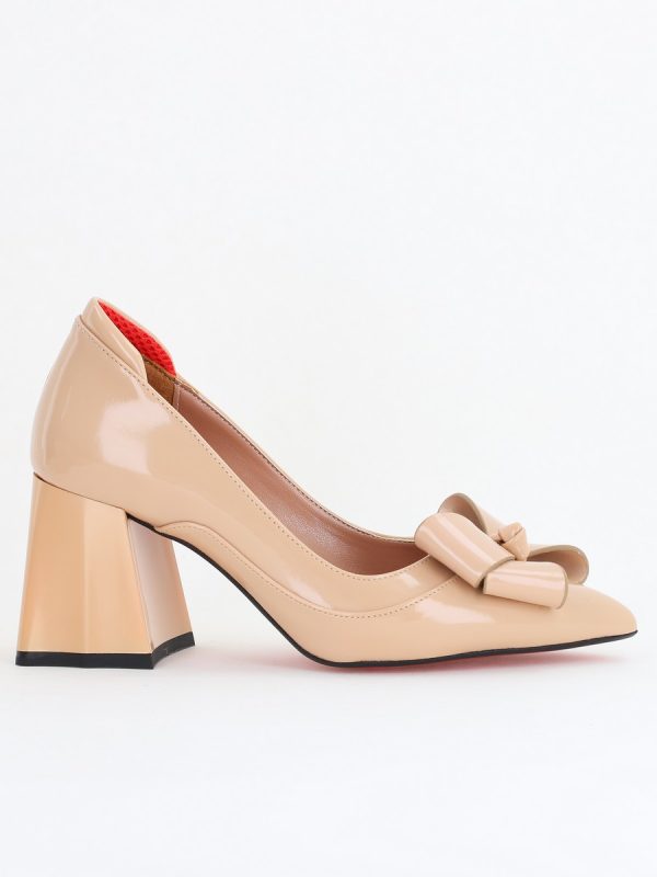 Pantofi Damă Eleganți cu Toc din Piele Ecologică cu Fundiță Bej Lac (BS7332AY2411157) 120