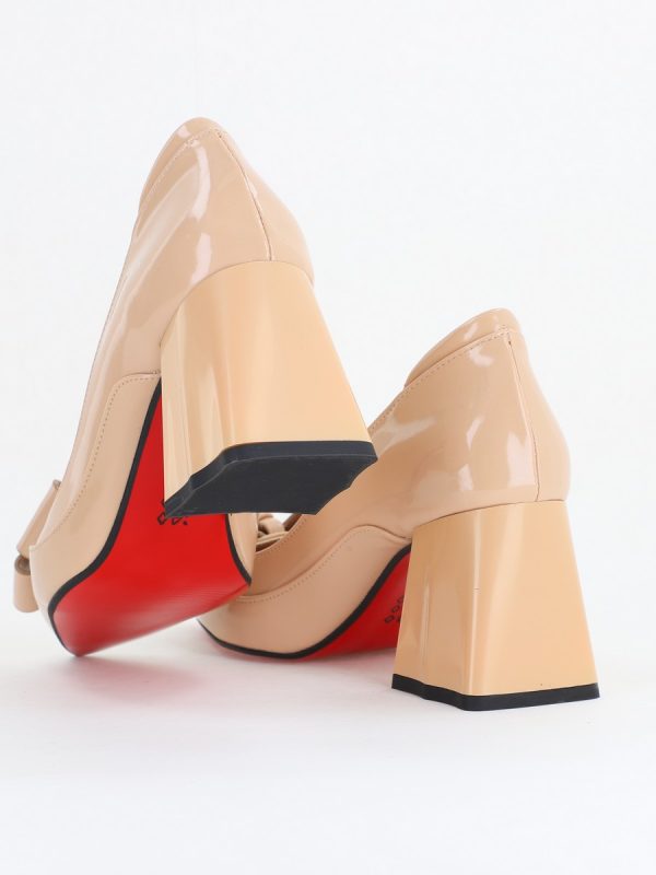 Pantofi Damă Eleganți cu Toc din Piele Ecologică cu Fundiță Bej Lac (BS7332AY2411157) 122