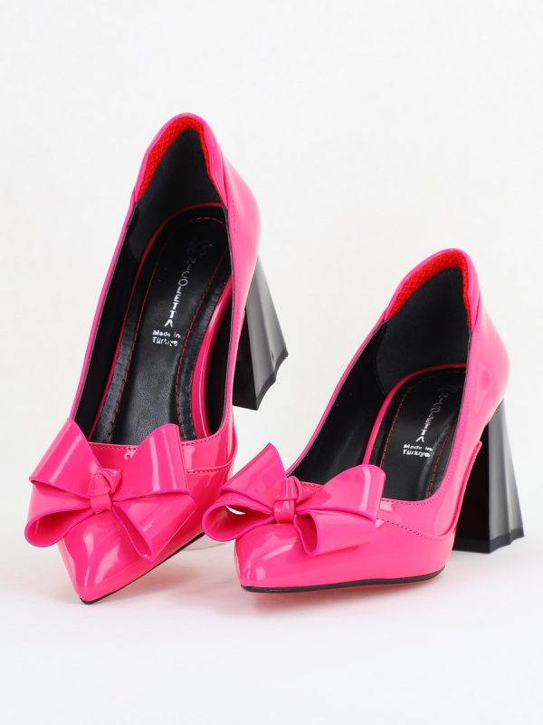 Pantofi Damă Eleganți cu Toc din Piele Ecologică cu Fundiță Fuchsia Lac (BS7332AY2411159) 119
