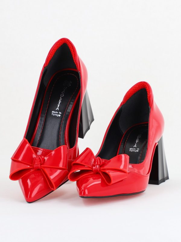 Pantofi Damă Eleganți cu Toc din Piele Ecologică cu Fundiță Rosu Lac (BS7332AY2411160) 119