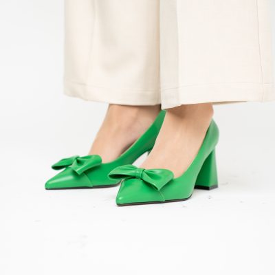 Pantofi damă cu toc verde din piele ecologică cu fundiță Nicoletta BS316AY2503216