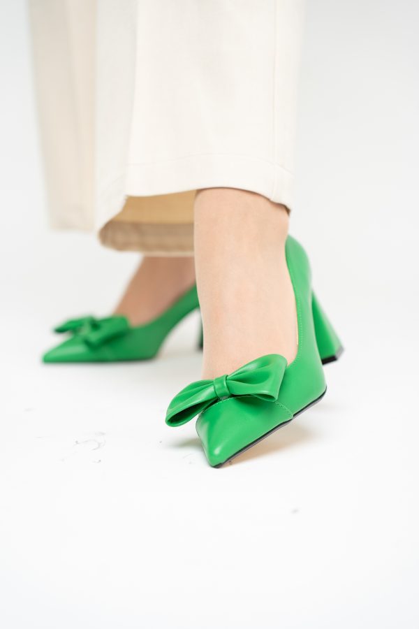 Pantofi damă cu toc verde din piele ecologică cu fundiță Nicoletta BS316AY2503216 123