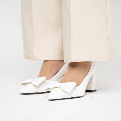 Pantofi damă cu toc albi din piele ecologică cu fundită Nicoletta BS316AY2503213