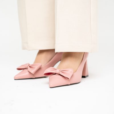 Pantofi damă cu toc roz pudră din piele ecologică cu fundiță Nicoletta BS316AY2503215