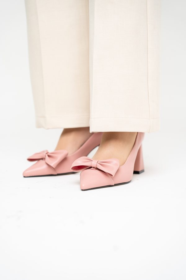Pantofi damă cu toc roz pudră din piele ecologică cu fundiță Nicoletta BS316AY2503215 119