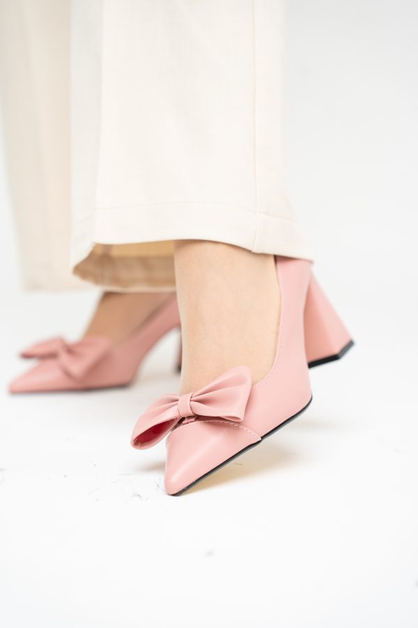 Pantofi damă cu toc roz pudră din piele ecologică cu fundiță Nicoletta BS316AY2503215 121