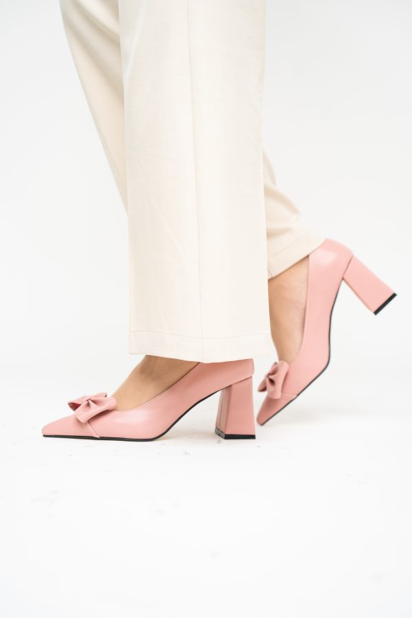 Pantofi damă cu toc roz pudră din piele ecologică cu fundiță Nicoletta BS316AY2503215 123